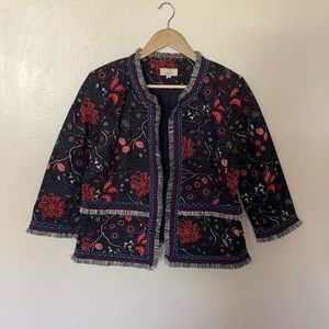 LOFT Navy Floral Embroidered Boxy Blazer Jacket with Red Accents